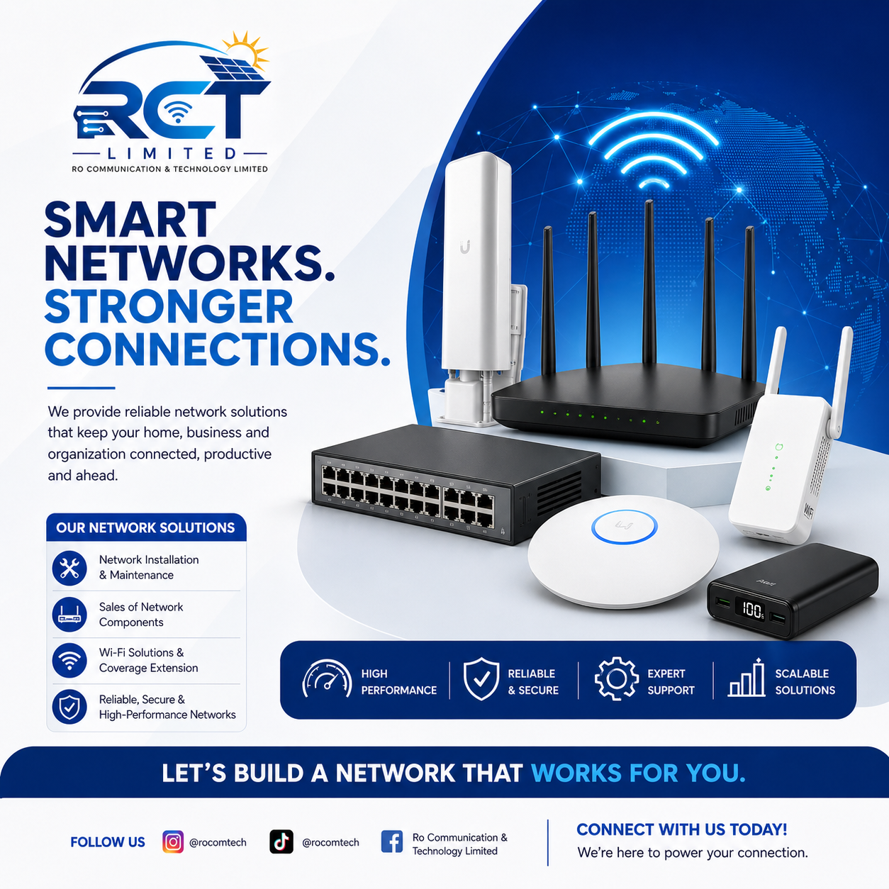 RC&T network solutions product showcase — router, switch, access point and power bank