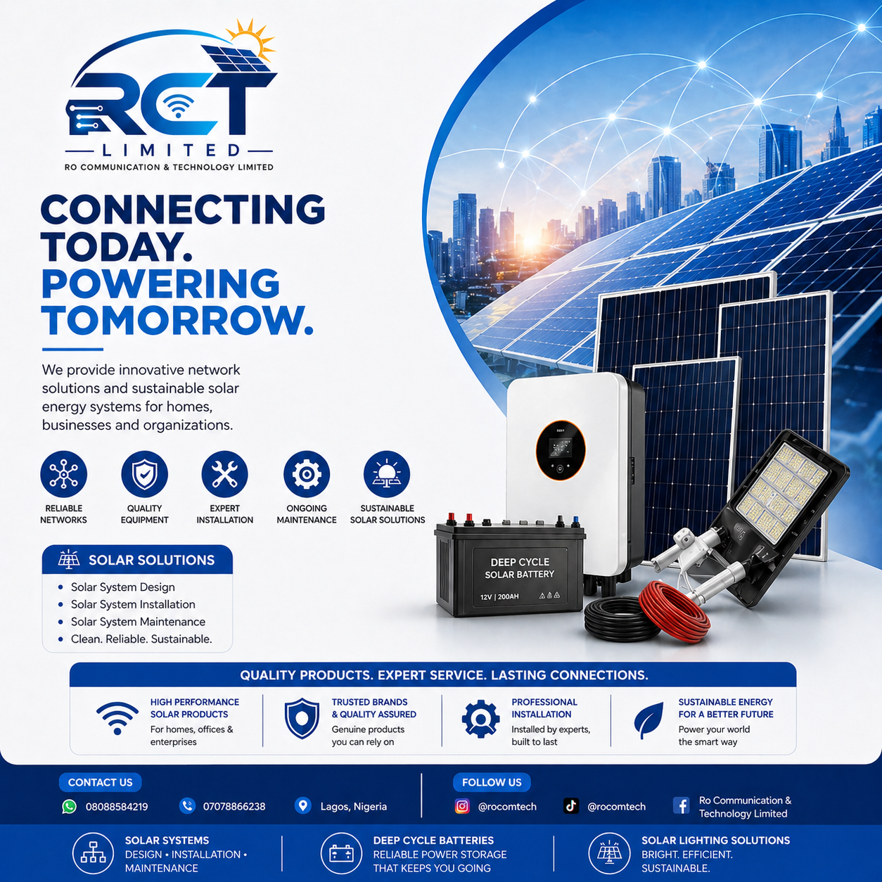 RC&T solar solutions product showcase — panels, inverter, deep-cycle battery and solar flood light